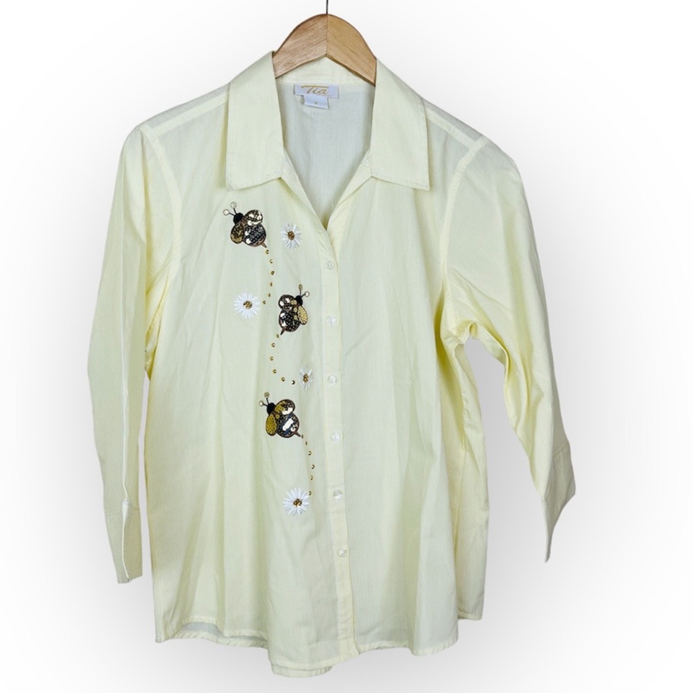 TIA DESIGNS Yellow Sequin Bee Button Front Long Sleeve Shirt MEDIUM 90's Vintage